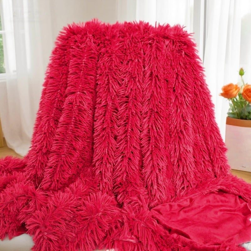 MYRU Plush Super Soft Blanket Bedding Sofa Cover Furry Fuzzy Fur Warm Throw Qulit Cozy Couch Blanket for Winter (63"x79", Pure Red) - Image 2